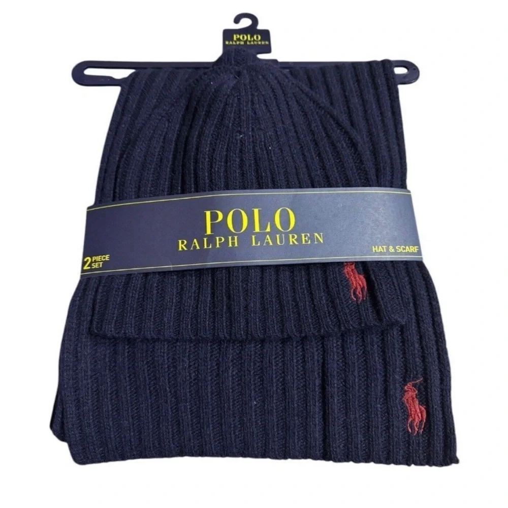 POLO RALPH LAUREN Navy Rib Knit Hat & Scarf Set with Red Embroidered Pony NWT